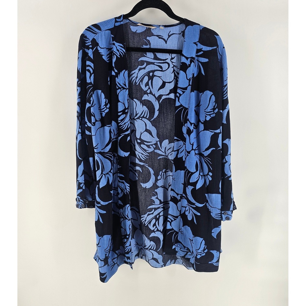 Soft Surroundings Kimono Top L Petite Blue Floral Open Front Lagenlook Boho